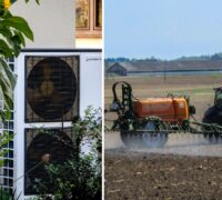 Värmepump och traktor som sprider bekämpningsmedel.