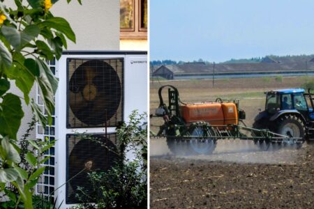 Värmepump och traktor som sprider bekämpningsmedel.
