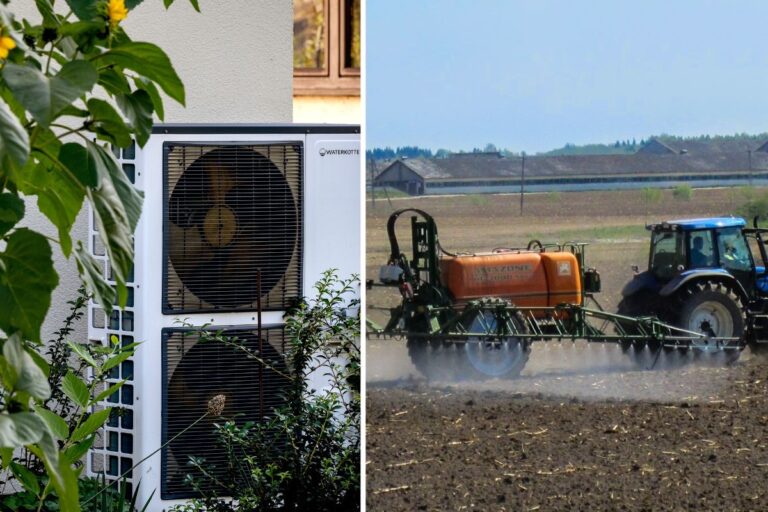 Värmepump och traktor som sprider bekämpningsmedel.