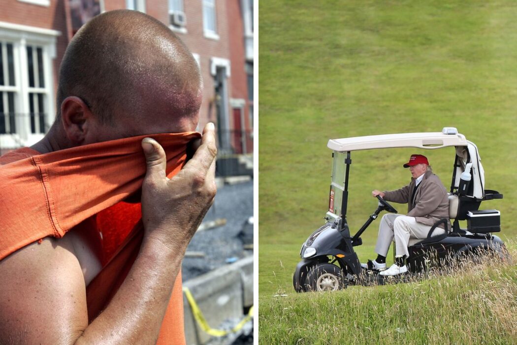 Collage. En vägarbetare torkar pannan med sin t-shirt. Donald Trump kör sin golfbil.