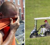 Collage. En vägarbetare torkar pannan med sin t-shirt. Donald Trump kör sin golfbil.