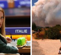 Italiens premiärminister Giorgia Meloni och en bild på en brand.