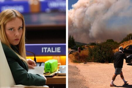 Italiens premiärminister Giorgia Meloni och en bild på en brand.