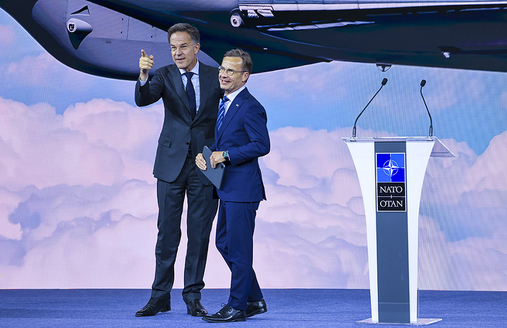 Natos generalsekreterare Mark Rutte och statsminister Ulf Kristersson (M) i Ankara, där det idag meddelades att Nato väljer Globaleye som alliansens nya luftburna system för spaning och ledning.