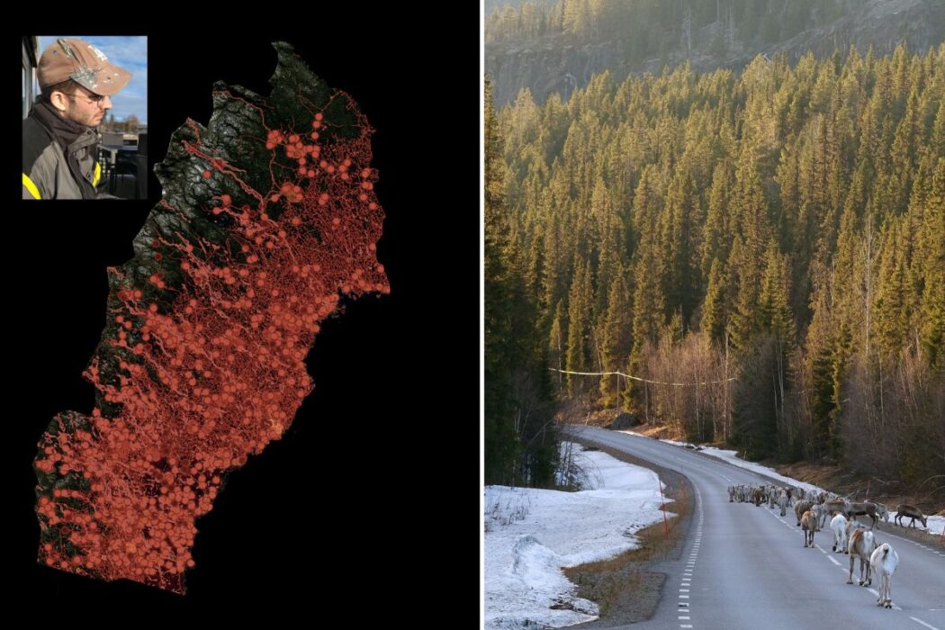 Collage. Karta som visar trycket på rennäringen och renar som strövar längs med en väg, samt en bild på Petter Schölander.