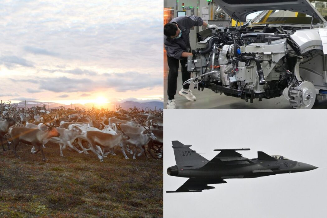 Collage. Rena på fjället, bil som tillverkas och ett Jas 39 gripen-flygplan i luften.
