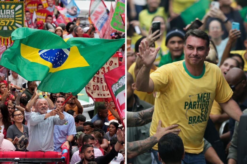 Lula da Silva och Flavio Bolsonaro framför folkmassor. Collage.