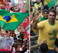 Lula da Silva och Flavio Bolsonaro framför folkmassor. Collage.