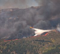 Ett flygplan arbetar med släckningsarbete över en skogsbrand.